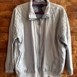 Powder Blue Bomber-style Vintage Jacket w/ Silver Stud Detailing & Embroidery